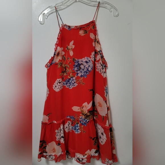NICHOLAS X Revolve Red Floral Crochet Trimmed Silk Halter Mini Shift Dress Sz6 - Picture 9 of 16